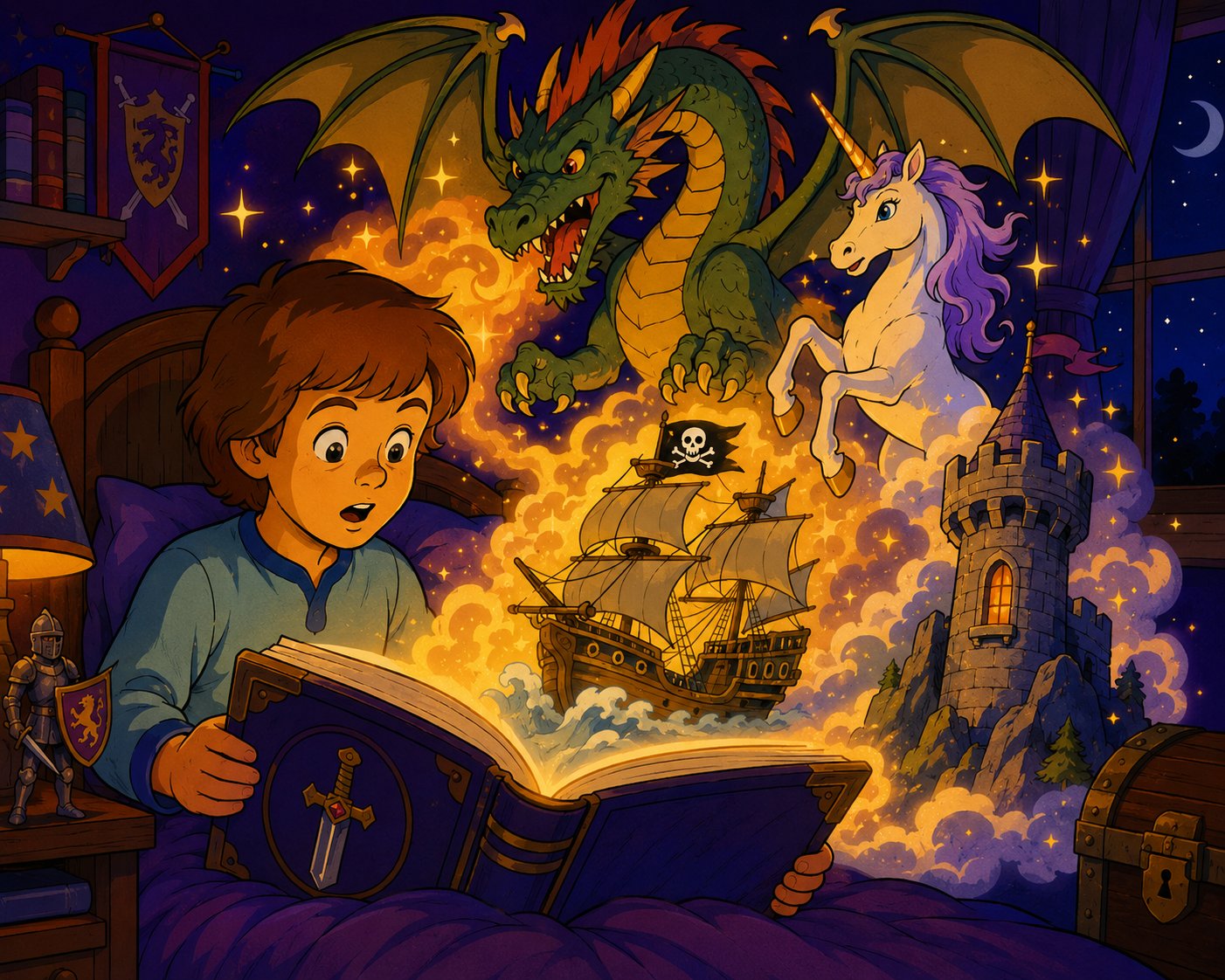 Child reading a magical adventure book with a dragon, unicorn, and pirate ship emerging from the pages