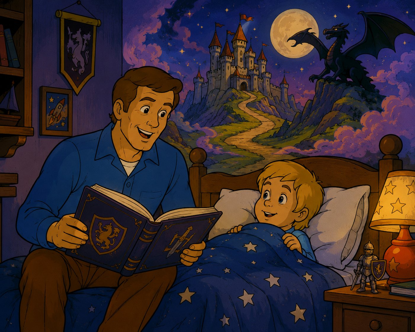 Parent reading a magical bedtime story to a child, with a castle and dragon visible in the background